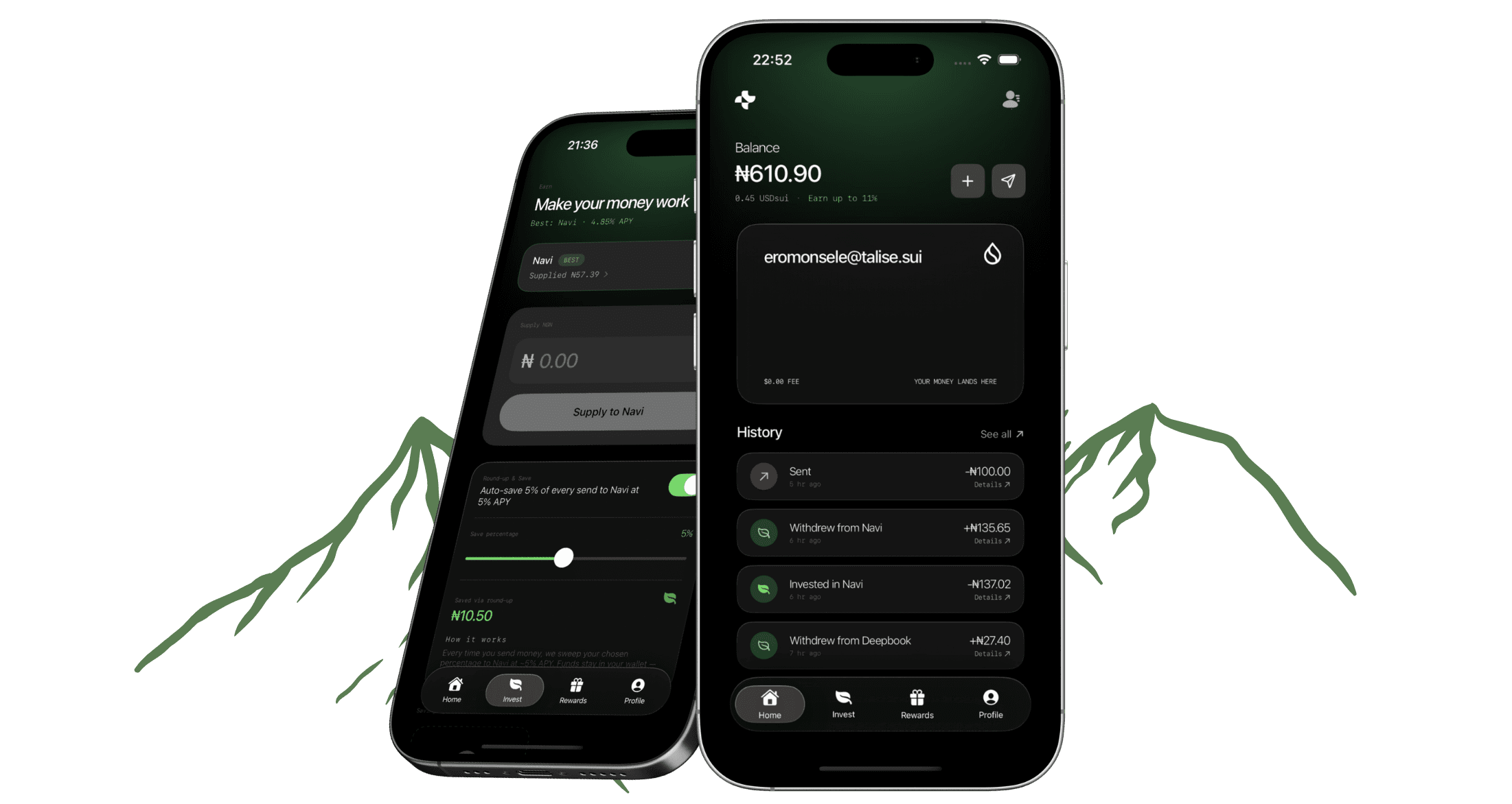 Talise iOS app: Earn and Home screens shown side by side